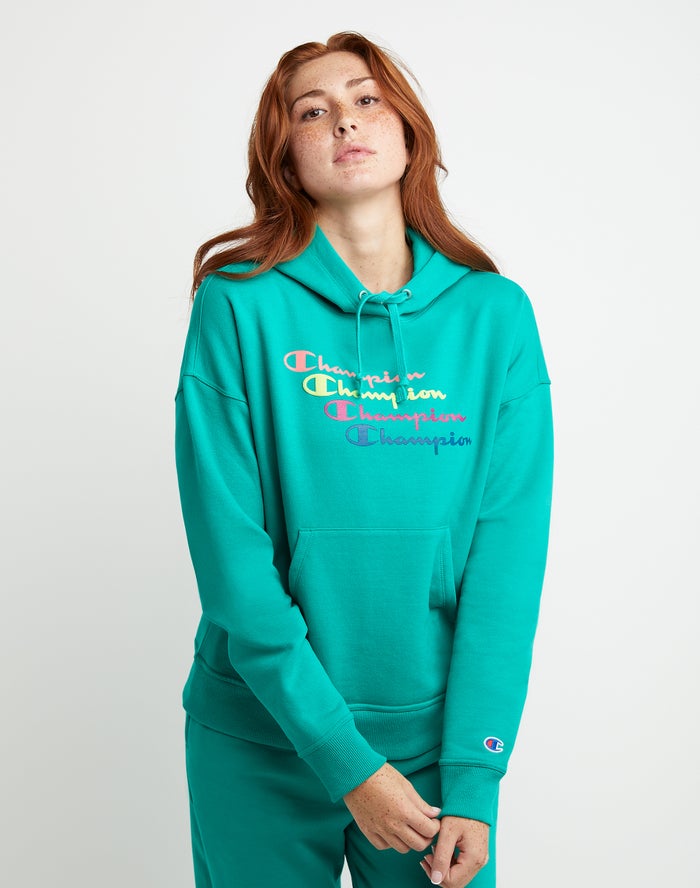 Sudadera Con Capucha Champion Mujer - Powerblend Fleece Relaxed Stacked Scripts Logo ( Turquesa ) 50